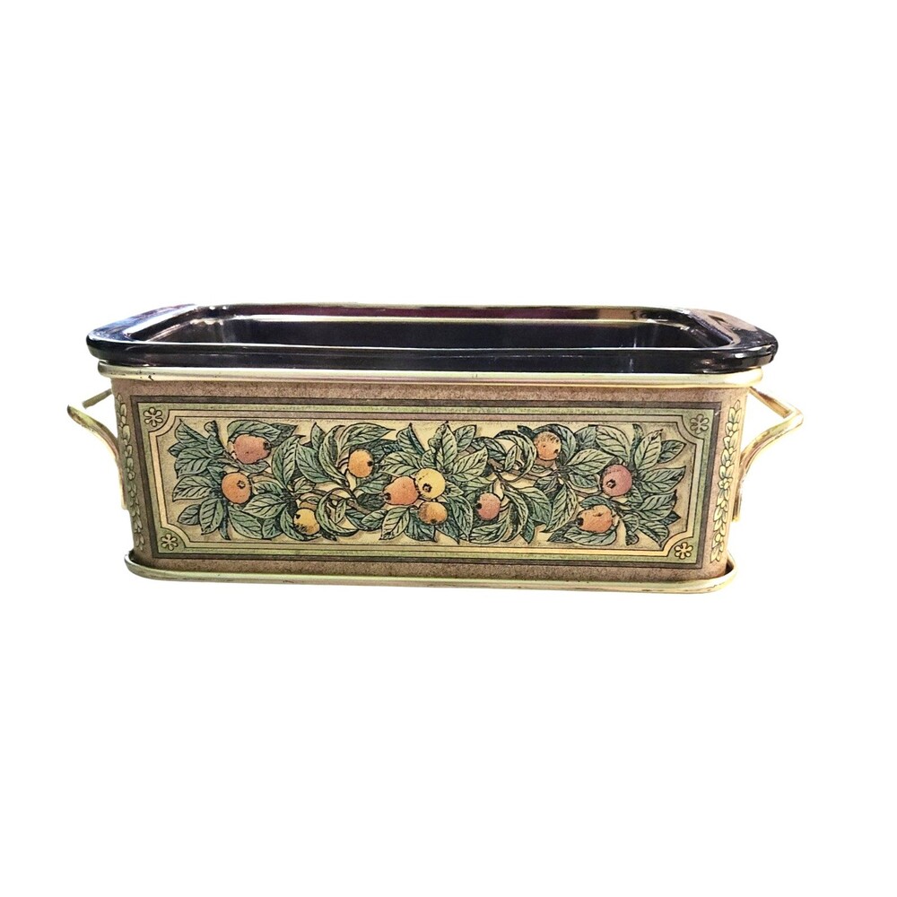 Vintage 80's Pyrex Amber Glass Loaf Pan  w/ Decorative Metal Carrier #213